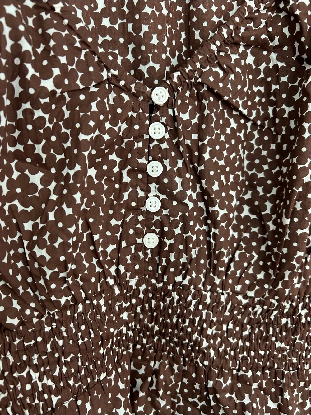 J. Crew Brown and White Printed Smocked Waist Blouse